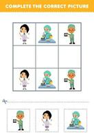 Education game for children complete the correct picture of a cute cartoon radiologist pharmacist and virologist printable profession worksheet vector