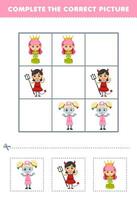 Education game for children complete the correct picture of a cute cartoon queen devil and zombie girl printable halloween worksheet vector