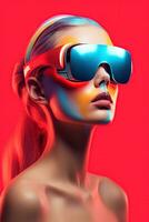 ilustración de un Moda retrato vistiendo un virtual realidad vr auriculares. ai generado. foto