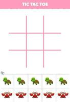 Education game for children tic tac toe set with cute cartoon turtle and crab picture printable animal worksheet vector