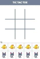 Education game for children tic tac toe set with cute cartoon fish and cat picture printable animal worksheet vector