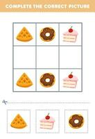 Education game for children complete the correct picture of a cute cartoon waffle cake and donut printable food worksheet vector