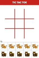 Education game for children tic tac toe set with cute cartoon tiger and bear picture printable animal worksheet vector