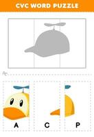 Education game for children to learn cvc word by complete the puzzle of cute cartoon cap picture printable worksheet vector