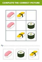 Education game for children complete the correct picture of a cute cartoon sushi printable japanese food worksheet vector