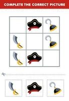 Education game for children complete the correct picture of a cute cartoon sword hat and hook printable pirate worksheet vector