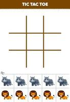Education game for children tic tac toe set with cute cartoon rhino and lion picture printable animal worksheet vector