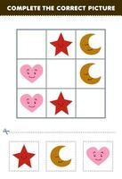 Education game for children complete the correct picture of a cute cartoon star crescent and heart printable shape worksheet vector