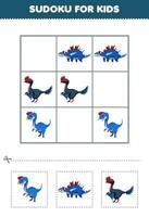 educación juego para niños fácil sudoku para niños con linda dibujos animados azul dinosaurio imprimible prehistórico dinosaurio hoja de cálculo vector
