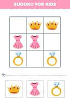 Education game for children easy sudoku for kids with cute cartoon crown dress ring printable clothes worksheet vector