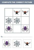 Education game for children complete the correct picture of a cute cartoon spider web and fly printable bug worksheet vector