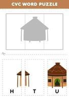 Education game for children to learn cvc word by complete the puzzle of cute cartoon hut building picture printable worksheet vector