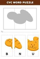 Education game for children to learn cvc word by complete the puzzle of cute cartoon bun bread picture printable worksheet vector