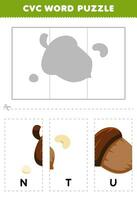 Education game for children to learn cvc word by complete the puzzle of cute cartoon nut picture printable worksheet vector