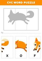 Education game for children to learn cvc word by complete the puzzle of cute cartoon fox picture printable worksheet vector