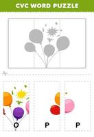 Education game for children to learn cvc word by complete the puzzle of cute cartoon pop balloon picture printable worksheet vector