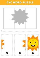 Education game for children to learn cvc word by complete the puzzle of cute cartoon sun picture printable worksheet vector