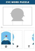 Education game for children to learn cvc word by complete the puzzle of cute cartoon top of mountain picture printable worksheet vector