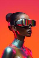 Illustration of a fashion portrait wearing a virtual reality VR headset. AI Generated. photo