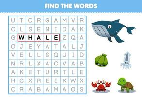 Education game for children find the words for cute cartoon whale shell squid crab turtle printable animal worksheet vector