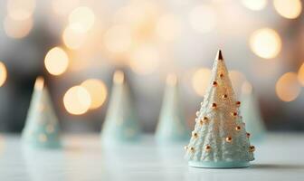 small christmas tree candles on a table with bokeh lights . AI Generated photo