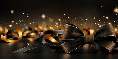 golden ribbon and bow on black background . photo