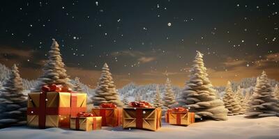 christmas presents in the snow with trees and snow . AI Generated photo