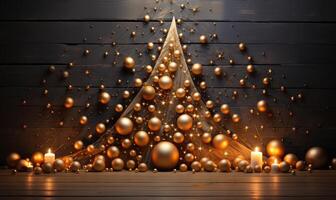 christmas tree with golden balls on wooden background . photo