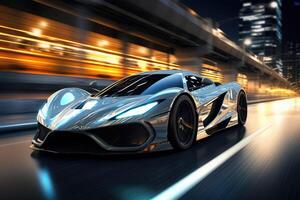 the silver supercar is driving on the road at night . AI Generated photo