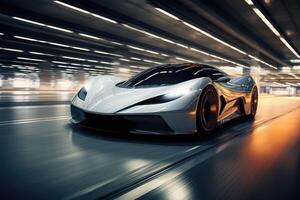 the futuristic sports car is driving on a highway . AI Generated photo