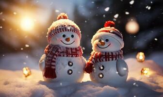 two snowmen standing in the snow with lights . photo