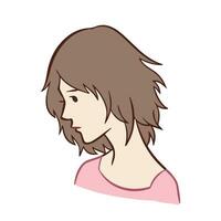 Light skin toned girl from side view with short brown hair and pink shirt vector illustration isolated on square white background. Simple flat outlined cartoon art styled drawing of human figure.