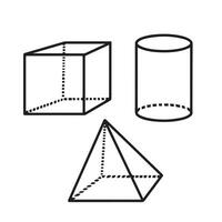 Black outlined box cube, tube, and pyramid vector illustration isolated on square white background. Simple flat cartoon outlined shapes drawing.