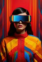 Illustration of a fashion portrait wearing a virtual reality VR headset. AI Generated. photo