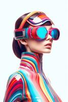 Illustration of a fashion portrait wearing a virtual reality VR headset. AI Generated. photo