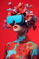 ilustración de un Moda retrato vistiendo un virtual realidad vr auriculares. ai generado. foto