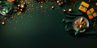 christmas background with gold and green decorations . AI Generated photo