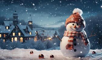 a snowman in a red hat and scarf is standing in front of a village . AI Generated photo