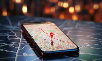 Pointing smartphone with gps navigation and map icons on blurred road abstract background . AI Generated photo
