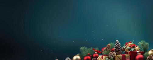 christmas background with gifts and fir trees . photo