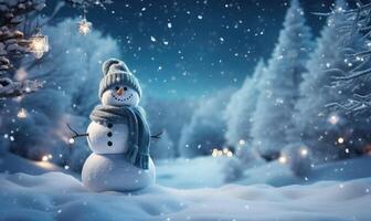 a snowman in the snow with lights . AI Generated photo