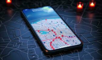 Pointing smartphone with gps navigation and map icons on blurred road abstract background . AI Generated photo