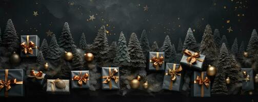 Navidad arboles y regalos en un negro antecedentes . ai generado foto