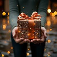 Illustration of a gift box in hand with a Christmas background, AI Generated photo