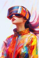 Illustration of a fashion portrait wearing a virtual reality VR headset. AI Generated. photo