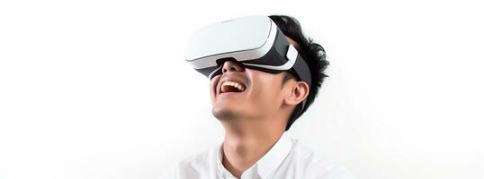 ilustración de un persona vistiendo un virtual realidad vr auriculares, ai generado. foto