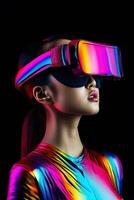 Illustration of a fashion portrait wearing a virtual reality VR headset.,, AI Generated. photo