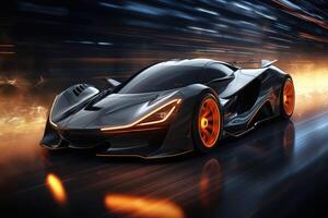 the futuristic sports car is driving on the road . AI Generated photo