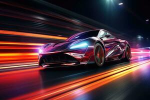 the sports car is speeding down the road at night . AI Generated photo