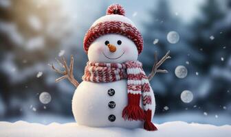 a snowman wearing a red scarf and hat . AI Generated photo